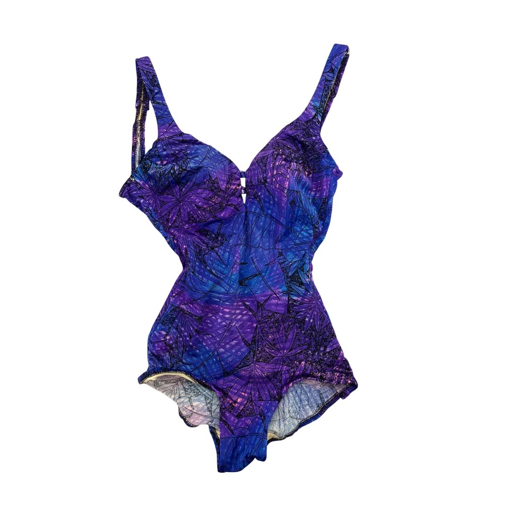 Vintage 70s Roxanne Blue Leaf Print One Piece Swimsuit Size 10/32 B Underwire